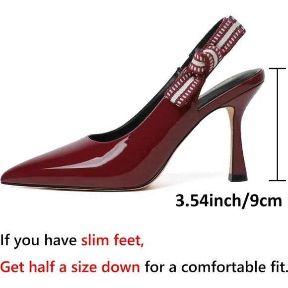 Women's Burgundy Leather High Kitten Heel Shoes Closed Pointed Toe Dress Pumps